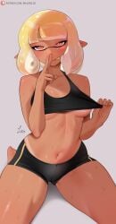 1girls agent_4_(splatoon) black_camisole black_shorts blush bottomwear breasts camisole female female_only hair half-closed_eyes inklingloe medium_breasts nintendo orange_eyes orange_hair pointy_ears short_hair short_shorts shorts solo solo_female splatoon sweat sweatdrop sweaty tan tan_body tan_skin tanline tanlines thighs tongue tongue_out topwear