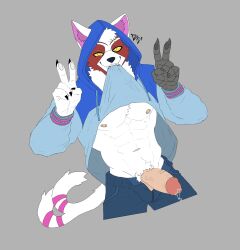 anthro clothed clothing domestic_cat dz4023 felid feline felis genitals hi_res male mammal nipples nyanja_(fortnite) penis solo tail