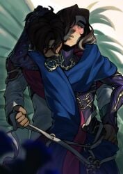 arcane arcane_jayce arcane_viktor blush disrobe gay hand_on_head hand_on_hip holding_hands jayce_talis league_of_legends male/male male_only mole_(marking) neck_kiss ribbon undressing undressing_partner viktor_(league_of_legends) yaoi