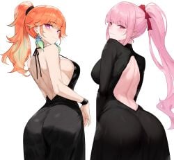 2girls backless_dress backless_outfit bluefield breasts female halterneck hololive hololive_english hololive_myth large_breasts looking_at_viewer looking_back mori_calliope orange_hair pink_hair ponytail tagme takamori_(hololive) takanashi_kiara virtual_youtuber