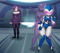 1futa 2girls anal_sex awesomenauts breasts canon_x_oc clothed clothing coco_nebulon crossover female fully_clothed futanari humanoid light-skinned_female light_skin nude rakun_art rakunart robot sex standing zone-tan zone-tron