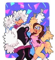2025 2d 2d_(artwork) 2d_artwork 2girls alternate_version_at_source avian bird bird_girl birdie_the_early_bird blue_eyeshadow breasts canary chicken chubby chubby_female chuck_e_cheese_(franchise) clothed clothed_female digital_art digital_drawing_(artwork) digital_media_(artwork) dress duo galliform gallus_(genus) helen_henny leggings mascot mcdonald's peace_sign phasianid small_breasts smaller_female tagme thick thick_thighs thighs tiddygoat twintails white_feathers white_hair wink winking yellow_feathers