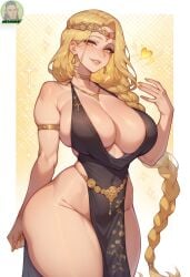 1girls ai_generated bare_arms bare_legs bare_shoulders bare_thighs big_breasts blonde_hair blush clothed clothing color elden_ring female female_focus female_only fromsoftware hi_res large_breasts light-skinned_female light_skin long_hair looking_at_viewer no_bra queen queen_marika_the_eternal solo solo_female thick_thighs yashugai yellow_eyes