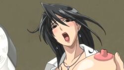 animated bakunyuu_bomb black_hair blush breast_grab breast_squeeze breasts chichinoya earrings erect_nipples huge_breasts large_areolae large_nipples lowres mature_female milf no_bra open_clothes open_mouth open_shirt panties screencap shirt wakatsuki_risa