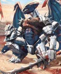 abs absurd_res armor dragon hi_res ksfrost male melee_weapon membrane_(anatomy) membranous_wings mythological_creature mythological_scalie mythology navel scalie solo sword teeth weapon wings