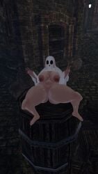 chubby_female face_covered faceless_female laying_on_back legs_apart massive_areolae peace_sign practically_nude sheet_ghost sitting_on_barrel thick_thighs vrchat vrchat_avatar wide_waist