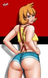 aged_up anus ass dat_ass female female_only from_behind green_eyes human human_only kasumi_(pokemon) looking_back nintendo orange_hair pokemon radprofile short_hair shorts skimpy solo tank_top underboob