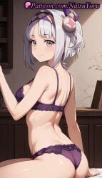 1girls ai_generated anime anime_style ass back bangs bare_arms bare_shoulders blue_hair blush bra breasts bust busty closed_mouth clothing female female_focus female_only from_behind grey_eyes grey_hair hair_ornament hairband hentai indoors juicy_butt lingerie looking_at_viewer looking_back medium_breasts natsuyoru on_bed oshiri panties pantsu purple_bra purple_hairband purple_panties s'yne_lokk short_hair side_ponytail sideboob silver_hair sitting smile solo solo_female tate_no_yuusha_no_nariagari the_rising_of_the_shield_hero thighs underwear underwear_only voluptuous voluptuous_female white_hair