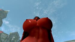 3d black_hair blue_sky red_body red_skin sexy skyrim voluptuous