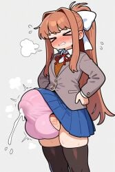 >_< 1futa ai_generated anonymous_artist blush bulge closed_eyes cum cum_through_clothes cumshot doki_doki_literature_club erection monika_(doki_doki_literature_club) panties panty_bulge penis school_uniform skirt solo solo_futa testicles veiny_testicles