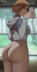 1girls artist_signature ass ass_focus ass_shot back back_view bare_ass big_ass bottomless breasts brown_eyes brown_hair bubble_butt female female_only hi_res hips holding_object hoodie huge_ass huge_breasts jujutsu_kaisen kugisaki_nobara phone selfie shexyo short_hair slim_waist thick_thighs thighs wide_hips