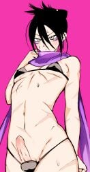 1boy ass balls black_bikini black_bodysuit black_hair blush erect_nipples_under_bikini erect_penis femboy folded_ponytail gay hard_nipples hard_on highres makeup male male_focus male_only one-punch_man pale_skin partially_censored pink_background ponytail_male purple_eyes scarf short_hair simple_background solo solo_male speed-o'-sound_sonic sweat sweating testicles trap twink upscaled yaoi yoku_(chocolateq)