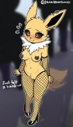 anthro black_nipples black_pussy black_sclera drawswhenhungry eeveelution embarrassed_nude_female exhibitionism exhibitionist female female_only fishnet_armwear fishnet_legwear fishnet_thighhighs fishnets grope jolteon medium_breasts navel_piercing nervous_smile nipple_chain nipple_piercing nipples orange_eyes piercings piercings_everywhere public_nudity pussy streaking yellow_body yellow_fur