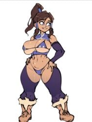 1girls athletic_female big_breasts blue_bra blue_eyes blue_panties boots dgoger female_focus female_only hands_on_hips korra leggings long_hair open_clothes open_shirt partially_clothed ponytail sleeves smiling solo_female the_legend_of_korra thick_thighs