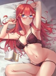 blush book bra glasses go-toubun_no_hanayome laid_back lingerie nakano_itsuki panties pulling_down_panties red_hair star_hair_ornament teasing