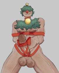 big_balls big_penis bow bow_ribbon chest_hair christmas christmas_tree explicit green_hair hard_cock hard_on huge_balls huge_cock lubricated male_focus male_only muscular_male no_background oc penis precum red_ribbon rendered restrained tied_arms tied_penis tied_up wrapped_penis