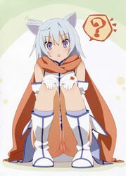 ? animal_ears blue_eyes blue_hair blush boots cat_ears female gloves jinrui_wa_suitai_shimashita no_panties peko pion_(jintai) pussy scarf short_hair solo squatting tagme uncensored