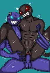 2boys blue_body blue_eyes clenched_teeth cuntboy demon full_nelson gay gay_sex gdasher geometry_dash gray_body ibispaintx intersex intersex/male keymaster male male/male maledom malesub penis pussy red_eyes spooky_(geometry_dash) vaginal_penetration vaginal_sex vault_keeper