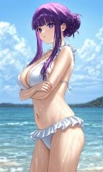 beach bikini blue_sky breasts breasts busty fern_(sousou_no_frieren) pout pouting pouty_lips purple_eyes purple_hair sousou_no_frieren swimsuit white_bikini white_swimsuit