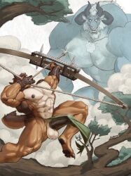 4_horns 5_fingers abs action_pose angry anthro areola arrow_(weapon) balls barazoku beard biceps big_balls big_muscles big_pecs big_penis biped black_areola black_nipples black_nose black_penis blue_body blue_fur bottomwear bow_(weapon) brown_body brown_clothing brown_fur brown_gloves brown_hair brown_handwear brown_pawpads canid canine canis chest_tuft claws clothed clothed_anthro clothed_male clothing cloud countershade_fur countershade_torso countershading deltoids digital_media_(artwork) domestic_dog duo erection erection_under_clothing erection_under_loincloth facial_hair fangs feet felid fight fighting_pose finger_claws fingerpads fingers fur genitals german_shepherd gloves green_bottomwear green_clothing green_loincloth hair handwear herding_dog hi_res holding_bow_(weapon) holding_object holding_ranged_weapon holding_weapon horn huge_muscles humanoid_feet humanoid_genitalia humanoid_hands humanoid_penis hyper hyper_muscles jason_steiner kaiju larger_anthro larger_male loincloth loincloth_only looking_at_another macro macro_anthro macro_male male male_anthro mammal mane manly multi_horn multicolored_body multicolored_fur muscular muscular_anthro muscular_male navel nipples no_pupils nude oldshep open_mouth pastoral_dog pawpads pecs penis pink_inner_ear pink_nose plant plantigrade pose quads ranged_weapon sabertooth_(anatomy) serratus shaded signature size_difference skimpy smaller_anthro smaller_male smoke tail tan_body tan_fur teeth toe_claws toes topless topless_anthro topless_male trapezius tree triceps tuft vein veiny_muscles veiny_penis weapon white_beard white_body white_countershading white_facial_hair white_fur white_mane
