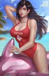 1girls beach birds black_hair breasts clouds final_fantasy final_fantasy_vii inflatable_dolphin inflatable_toy large_breasts lifeguard lifeguard_swimsuit long_hair looking_at_viewer nopeys ocean one-piece_swimsuit outside red_eyes red_one-piece_swimsuit red_swimsuit sky swimsuit tifa_lockhart water whistle whistle_around_neck whistle_in_mouth