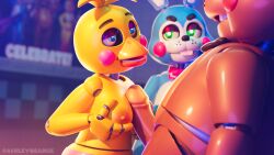 16:9 3d 3d_(artwork) 4k absurd_res animatronic anthro ashleyorange avian beak bear bird bisexual blue_body bow_tie breast_grab breast_play breasts brown_body buckteeth chicken clothed clothing eyeshadow female five_nights_at_freddy's five_nights_at_freddy's_2 galliform group hand_on_breast hi_res lagomorph leporid machine makeup male male/female mammal nipples on_model panties phasianid rabbit rabbit_ears robot robot_anthro scarf scottgames sex teeth titjob topless toy_bonnie_(fnaf) toy_chica_(fnaf) toy_freddy_(fnaf) trio underwear widescreen yellow_body