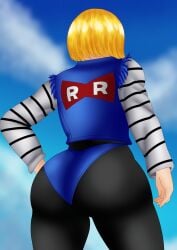 android_18 ass ass_focus blonde_hair dragon_ball dragon_ball_z fat_ass huge_breasts okamilyn posing self_upload viewed_from_below