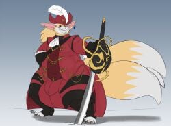 3_tails anthro bangabear big_bulge boots bulge canid canine clothing detailed_bulge ear_piercing ear_ring feather_hat femboy fennec_fox final_fantasy footwear fox genital_outline hi_res huge_bulge male mammal melee_weapon multi_tail notched_ear penis_outline piercing rapier red_mage_(final_fantasy) ring_piercing roy_ronsonberg shoes sketchiest_affairs solo square_enix sword tail toeless_boots toeless_footwear true_fox weapon wide_hips