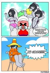 1futa 1girls angry anthro beach big_ass big_breasts big_butt bikini black_hair bunneric bunny clothed clothed_female clown clown_girl clowndia comic dialogue english_text excited furry furry_focus futanari happy hat imagining looking_at_viewer meme original_character pink_hair pldrawings rabbit red_nose sling_bikini thick_thighs thought_bubble yuri