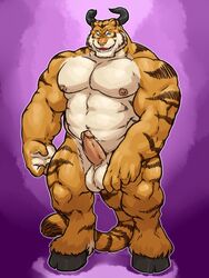 2013 anthro balls biceps big_muscles big_penis body_markings bovine cattle erection feline fur furry grisser hooves horn hybrid looking_at_viewer male male_only markings musclegut nipples nude penis solo standing tarke tiger tigerbull werelion2003