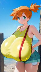 1girls ai_generated big_breasts breasts denim_bottomwear denim_clothing denim_shorts female female_focus female_only game_freak huge_breasts jiuyang-hsien kasumi_(pokemon) large_breasts midriff nintendo orange_hair pokemon pokemon_(anime) pokemon_(classic_anime) pokemon_(game) pokemon_character pokemon_species ponytail shiny shirt short_hair short_shorts shorts side_ponytail sleeveless sleeveless_shirt smile solo suspenders sweat tank_top thighs tied_hair yellow_shirt