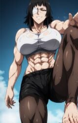 abs ai_generated big_ass big_breasts black_hair eyepatch feet from_below huge_breasts jormungand kikia1 legs_up muscle_girl muscular muscular_female nsfw patreon patreon_username sex short_hair shorts soles tagme tagme_(artist)