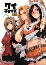 3girls ahoge amagi_brilliant_park arms_crossed arms_crossed_under_breasts bare_shoulders belly_button belt belt_buckle big_breasts black_hair bleach blue_eyes blush blush_lines boob_window braided_fur breasts brown_eyes brown_hair button_up_shirt cleavage doujinshi_cover fake_animal_ears female_focus female_only fur fur_hood fur_trim_(clothing) gold_accessory gold_armband gold_armlet gold_ring gold_rings hair_ribbon hakama-himo hands_on_hips hazel_eyes idolmaster idolmaster_cinderella_girls japanese_text kimono large_breasts light-skinned_female long_hair looking_at_viewer matsumoto_rangiku midriff mole mole_under_mouth mukai_takumi necklace o-ring orange_hair ponytail pouting pouty_lips ripped_spats sento_isuzu shihakusho shinigami short_shorts short_skirt skirt thighs thin_eyebrows torn_armwear translated white_background