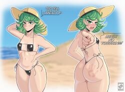 1girls arm_behind_head arm_up armpits beach bikini black_bikini blush female green_eyes green_hair hand_on_hip hat light-skinned_female light_skin looking_at_viewer looking_back nahusmash one-punch_man rear_view seaside short_hair spank_marks tatsumaki