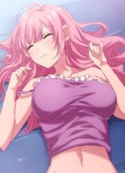 belly belly_button blush breasts cute fuufu_ijou_koibito_miman kawaii pink_hair purple_shirt sleeping watanabe_akari