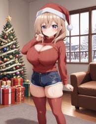 1girls ai_generated blush box breasts brown_hair christmas christmas_ornaments christmas_present christmas_tree cleavage cleavage_cutout closed_mouth clothing_cutout couch denim denim_shorts gift gift_box hair_between_eyes hand_up hat huge_breasts indoors katase_shiori large_breasts long_hair long_sleeves looking_at_viewer medium_hair my_tiny_senpai open-chest_sweater purple_eyes red_headwear red_sweater red_thighhighs ribbed_sweater santa_hat short_shorts shorts shortstack skindentation smile snow snowing solo stable_diffusion standing sweater thighhighs thighs turtleneck turtleneck_sweater uchi_no_kaisha_no_chiisai_senpai_no_hanashi window