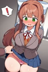 1boy 1girls ai_generated anonymous_artist doki_doki_literature_club embarrassed lifted_by_another looking_down male_pov mc_(doki_doki_literature_club!) monika_(doki_doki_literature_club) panties pervert pov skindentation skirt_lift solo_focus thick_thighs underwear