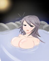 1girls barely_covered blush breasts collarbone color digital_media_(artwork) drooling drunk female female_only firm_breasts galaxy_gals grey_eyes grey_hair hot_spring large_breasts light_skin looking_at_viewer nipples_covered nude nyanko_daisensou pool ripples roadpow shoulders teenager the_battle_cats thundia water