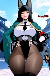 ai_generated black_hair evilkuro05 hands_on_hips hoshimi_miyabi hoyoverse pantyhose pink_lipstick standing thick_thighs thigh_gap zenless_zone_zero