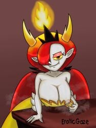 big_breasts eroticgaze hekapoo horns looking_at_viewer nipple_bulge nipple_slip nipples red_hair showing_breasts simple_background smiling_at_viewer star_vs_the_forces_of_evil