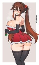 1girls absurd_res areola ass breasts choker christmas dress elbow_gloves female female_only genshin_impact gloves hi_res hu_tao_(genshin_impact) kuromaruart large_ass large_breasts light-skinned_female light_skin looking_at_viewer looking_back solo thighhighs thighs twintails