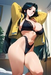 2d ai_generated big_breasts black_hair female_only indoors jigoku_sensei_nube long_hair ritsuko_takahashi solo solo_female solo_focus tagme underwear