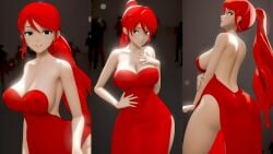 3d_model breasts green_eyes jic_jic looking_at_viewer pyrrha_nikos red_dress red_hair rwby