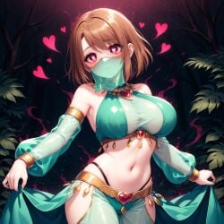 ai_generated belly_dancer brainwashed brainwashing brown_hair chara dancer_outfit harem_girl harem_outfit heart-shaped_pupils hetero heterosexual hypnosis mind_control mouth_veil pixai red_eyes symbol-shaped_pupils tagme undertale undertale_(series)