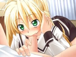 adjusting_hair blonde_hair blush fellatio female game_cg green_eyes liliana_lun_lun_guenther long_hair oral penis princess_waltz school_uniform serafuku takeya_masami uncensored very_long_hair