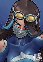 1girls blue_bodysuit blue_eyes blue_eyeshadow blue_hair bodysuit brown_hair clothing_cutout dark-skinned_female dark_skin drooling eyeshadow female goggles goggles_on_head hair_over_one_eye highres long_hair looking_at_viewer makeup mask mouth_mask multicolored_hair nintendo pokemon pokemon_oras portrait razillon saliva shelly_(pokemon) shoulder_cutout solo streaked_hair surgical_mask team_aqua tinted_eyewear two-tone_hair v-shaped_eyebrows yellow-tinted_eyewear