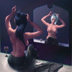 1girls baldur's_gate baldur's_gate_3 black_hair breasts dungeons_and_dragons mirror mirror_reflection nipples ponytail shadowheart topless white_hair