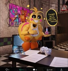 3d_(artwork) alternate_version_available arkeador big_ass big_breasts breasts_out cupcake_(fnaf) english_text five_nights_at_freddy's fnaf smile smiley_face smiling smiling_at_viewer tagme text text_bubble thong toy_chica_(fnaf) toy_chica_(love_taste)