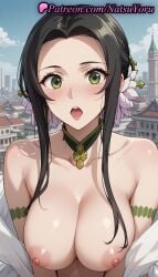 1girls ai_generated anime anime_style armlet asian bangs bare_shoulders black_hair blue_sky blush breasts building bust busty choker city cleavage clothing collarbone day erect_nipples female female_focus female_only flower flowers forehead green_eyes hair_flower hair_ornament hentai jewelry large_breasts lips long_hair looking_at_viewer natsuyoru nipples nipples_outside nude nude_female open_mouth ost_horai outdoors shawl sidelocks sky solo solo_female tate_no_yuusha_no_nariagari teeth the_rising_of_the_shield_hero tongue topless upper_body upper_teeth_only voluptuous voluptuous_female