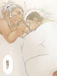 2boys bara fullmetal_alchemist gay holding_hands ishvalan male male_only miles_(fullmetal_alchemist) multiple_males muscles muscular scar scar_(fma) shon sleeping yaoi